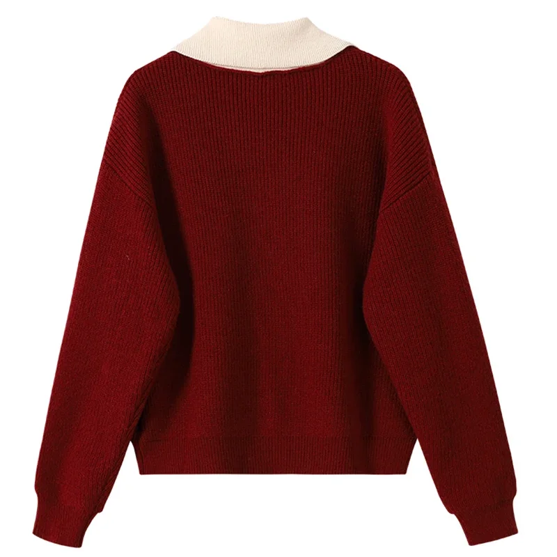 2025 Nuovo cardigan allentato di colore rosso finto patchwork in due pezzi maglione dal design creativo dolce gioventù ragazze colletto rovesciato maglieria