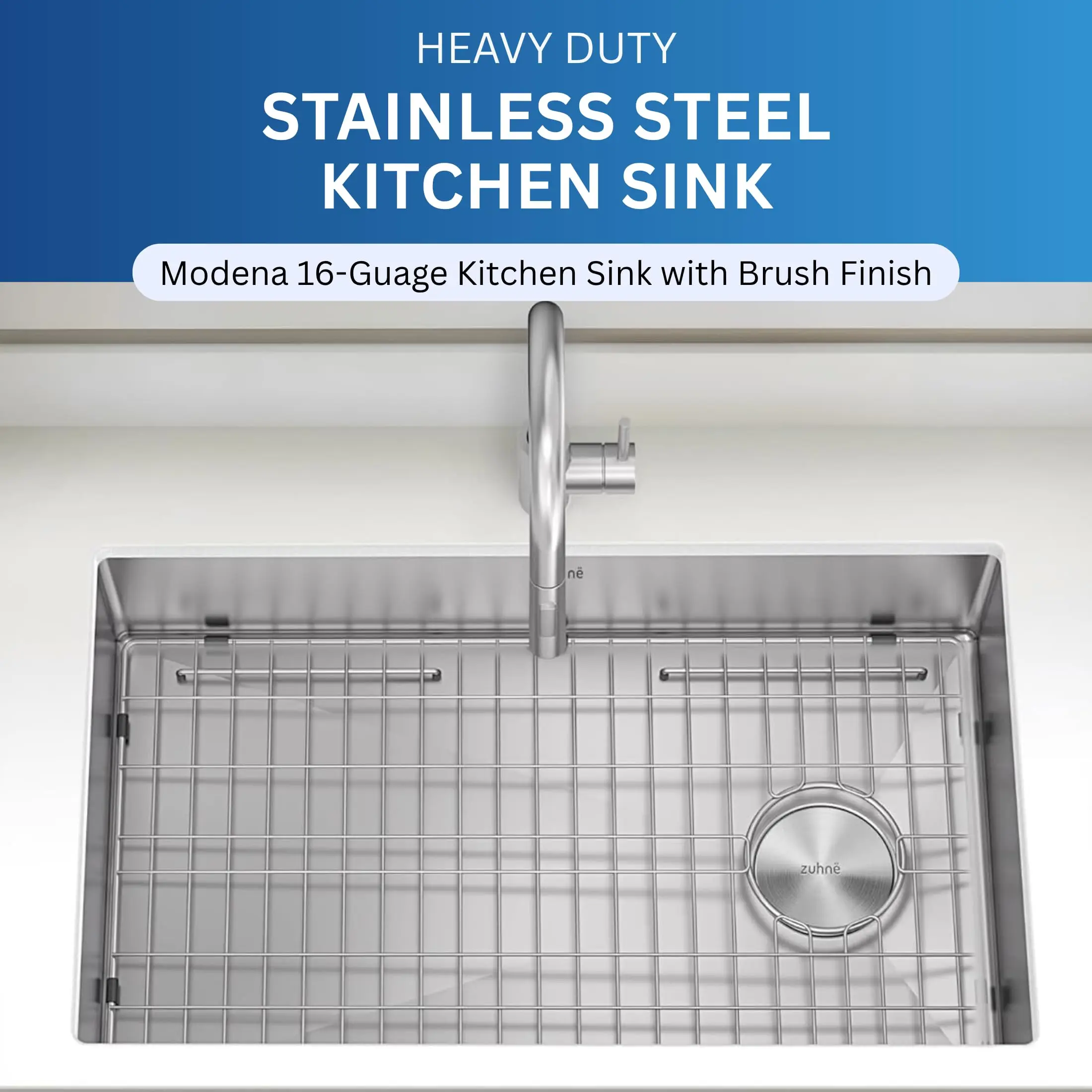 Zuhnë Modena V2 30 ADA Undermount Kitchen Sink, Single Bowl 16 Gauge T304 18/10 Stainless Steel, Brushed Finish, Sound
