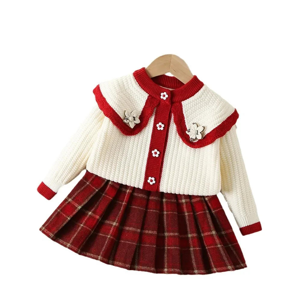 Girls\' Knitted Two-piece Set Flower Golilla Knitting Cardigan+tartan Skirt  Baby Girl Winter Clothes  Kids   Knitted Sweater