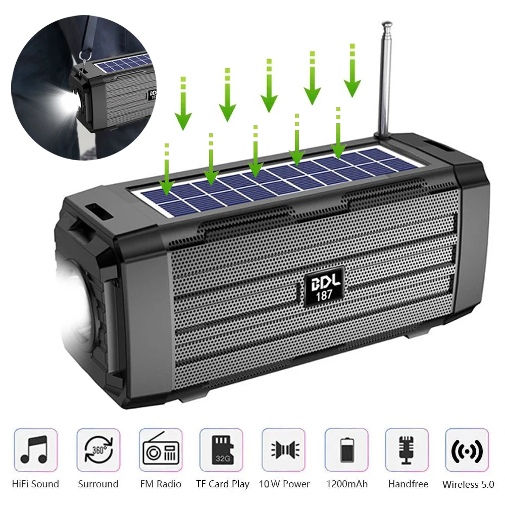 Solar Charging Wireless Stereo Speakers With Flashlight Outdoor Tws Subwoofer Bluetooth Compatible Speakers AUX/TF/FM Radio