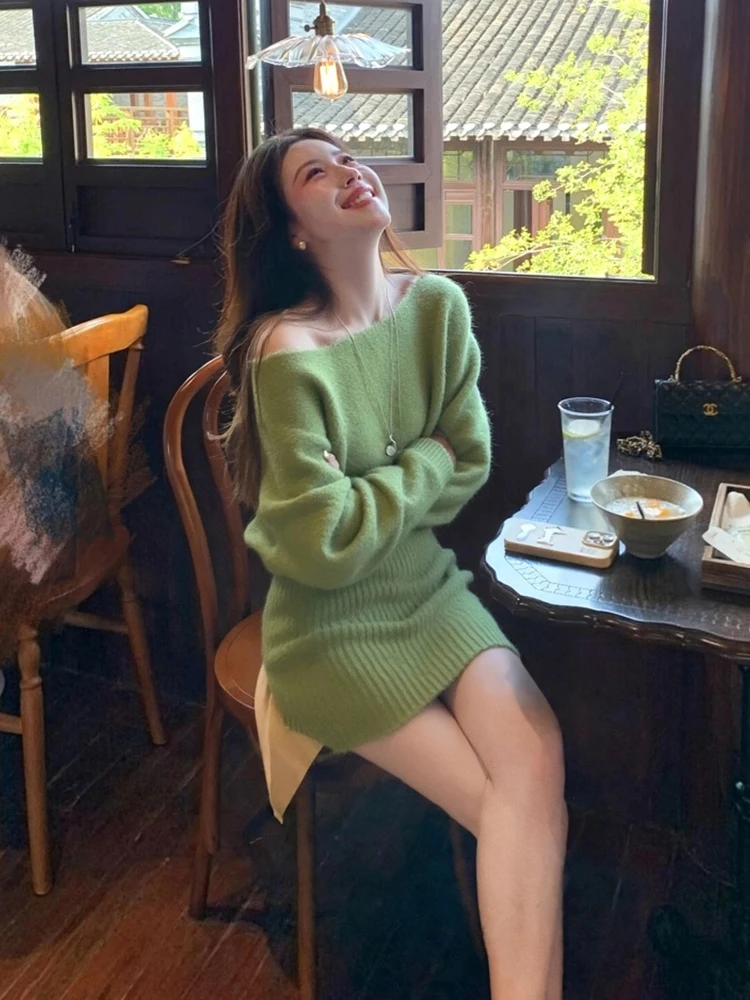 

Unique Knitted Wrap Dr Women's Faionable Slant oulder Design Autumn Winter New Sle Pure Desirable Aged-Defng Skirt