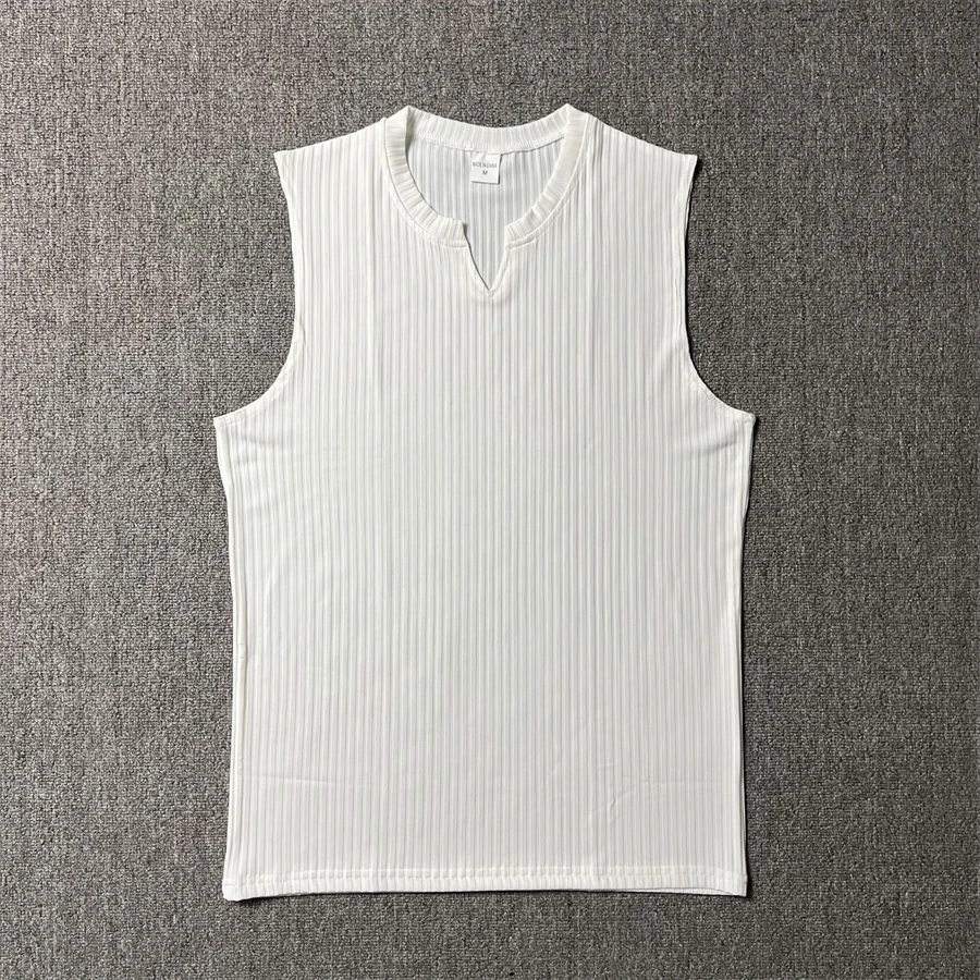 Men Vest V-neck Fast Drying Stretch Fitness Clothes Gym Running Training Slim Vertical Stripe Fashion Sportswear Sleeveless