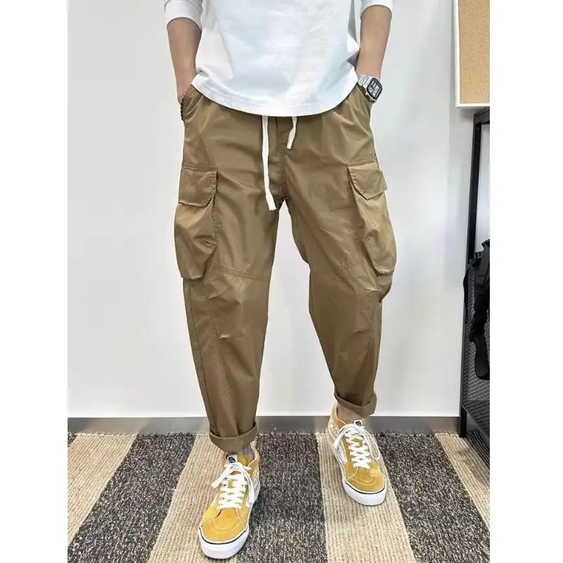 

Preppy Style Spring Autumn Solid Color Elastic Pockets High Waisted Men's Clothing Casual Loose Trousers Cargo Pencil Pants