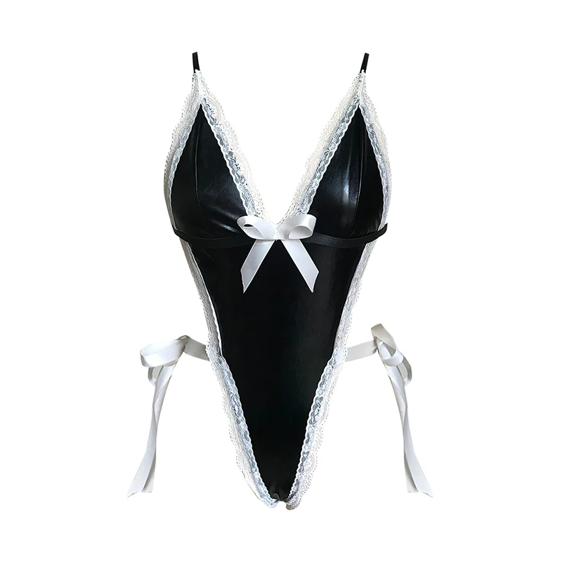 Sexuelle Dessous Frau Latex Leder verspielte Cosplay tiefe V-Bogen Spitze rücken freien Overall mit Leibchen und Maid Mesh Strümpfe Set