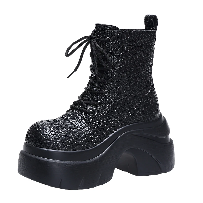 

Женские кожаные полусапожки на высокой платформе 9 см, зима-осень, британская обувь до середины икры до середины икры на толстой подошве, женские кроссовки на массивном каблуке с пряжкой