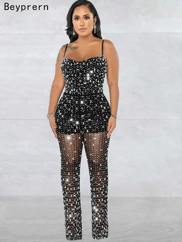 

Beyprern Black Silver Rhinestones Mesh Sheer Legs Jumpsuits New Glam Crystal Jumpsuits Women Clothing Clubwear Birthday Outfits