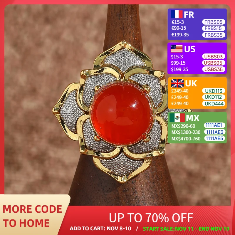 

Vintage Red Agate Sunflower Flower Ring Gold Color Large Jewelry Luxury Designer For Women Thanksgiving Cocktail Accessories