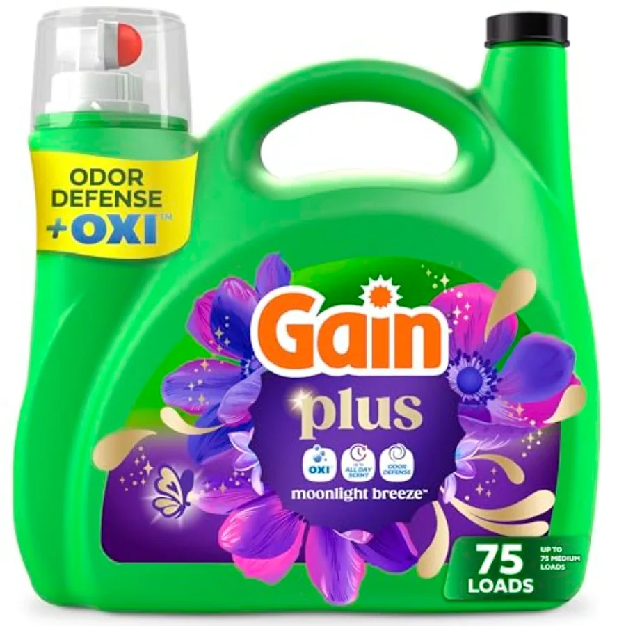 

Gain Plus Liquid Laundry Detergent, Cleaner, Fresher, Now with Oxi, Moonlight Breeze Scent, 99 fl oz, 75 Loads