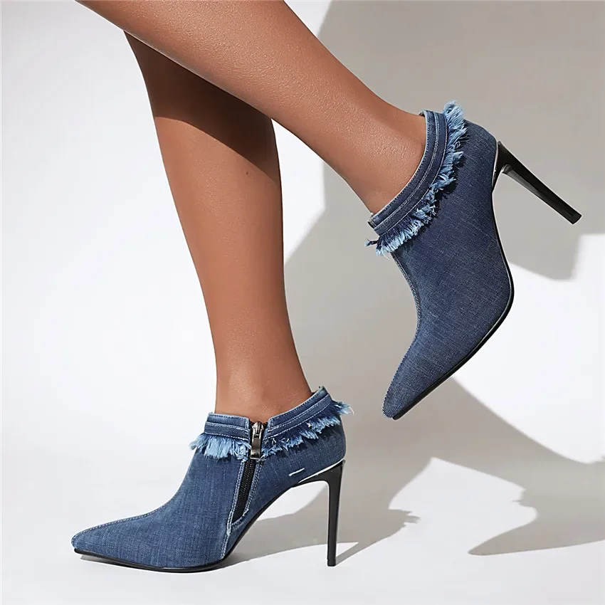 Women Ankle Boots Brushed Denim High Thin Heels Pointed Toe Pumps Blue Rubbed Jeans Party Dress Ladies Spring Autumn Short Boots