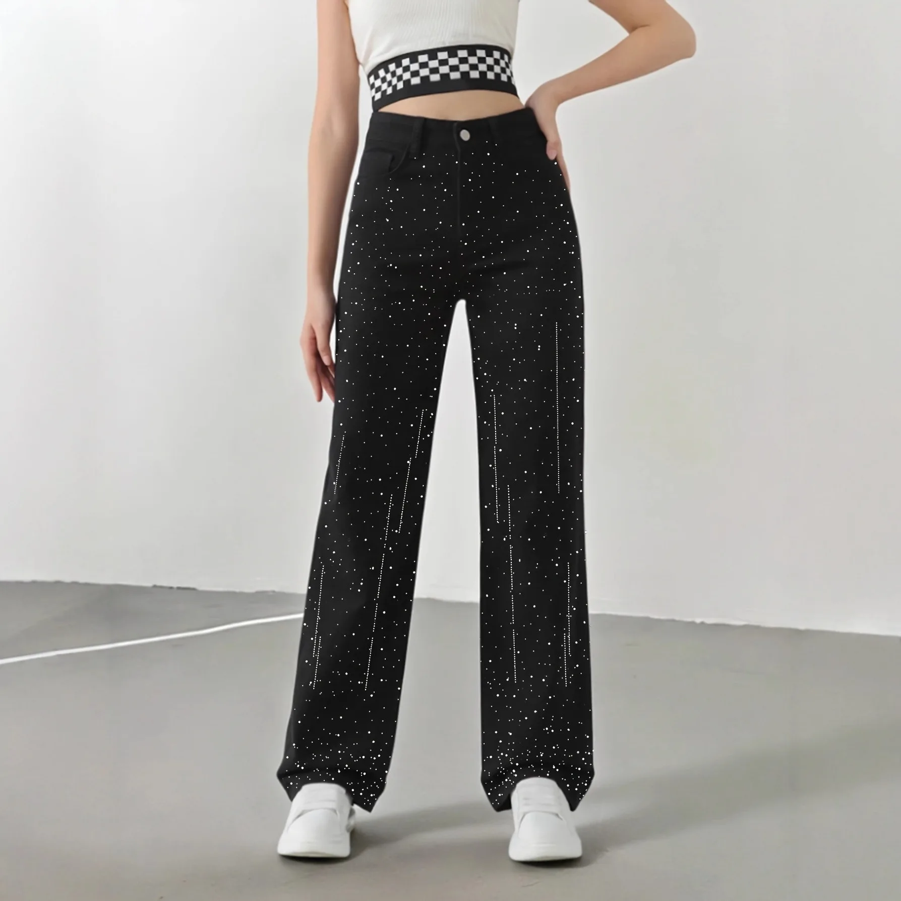 Women High Waist Denim Pants Diamonds Spliced Elegant Trousers Jeans Pockets Straight Pant Simple Casual Spring Autumn 2025