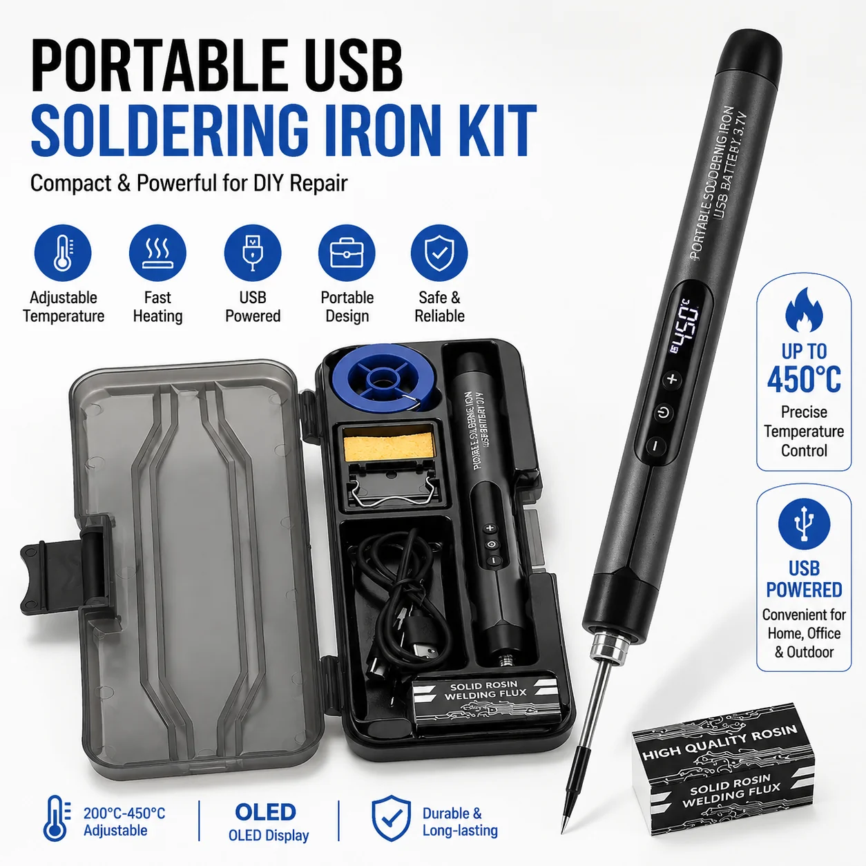 USB Rechargeable Soldering Iron Kit Portable Mini Welding Pen LCD Display Adjustable Temp Tool for DIY Electronics Repair