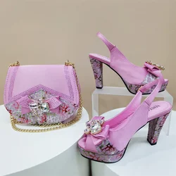 2024 Rhinestone Design INS Hot Sale New Arrivals African Shoes and Bag Set in Pink Color Open Toe Comfortable Women Heels