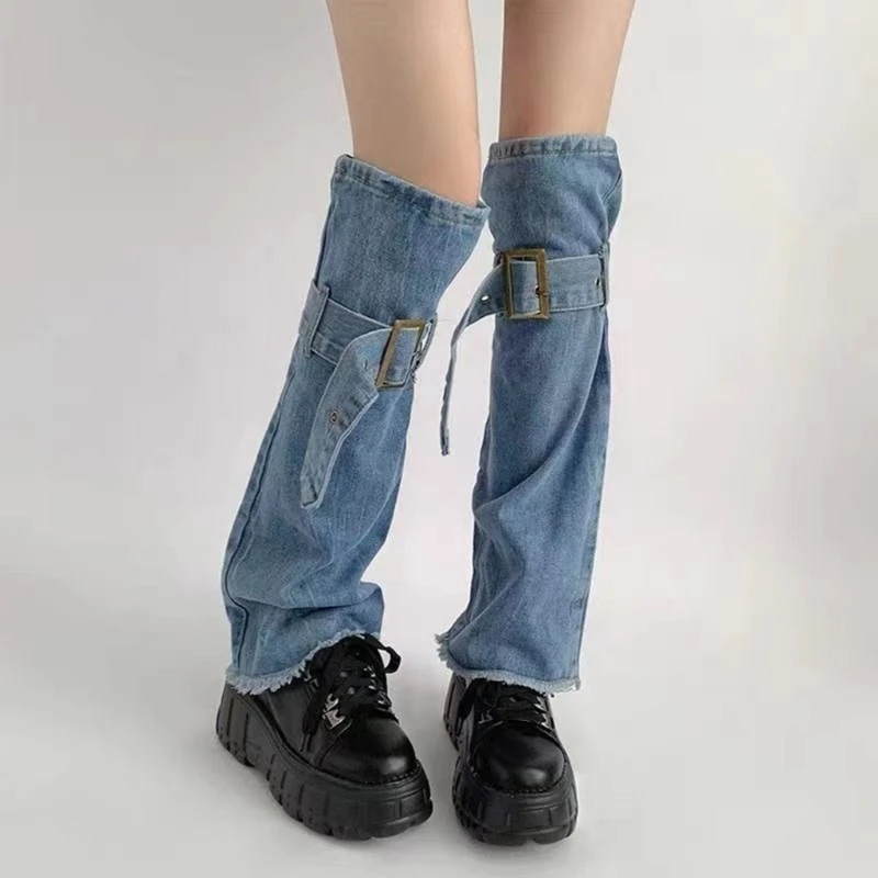 

Distressed Blue Jeans Leg Warmer with Buckled Straps Punk Over Knee Flared Socks Dropshipping