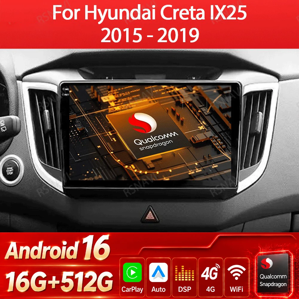 Android 16 Carplay sans fil pour Hyundai Creta IX25 2015 2016 2017 2018 2019 Autoradio Lecteur multimédia vidéo Navi GPS WIFI