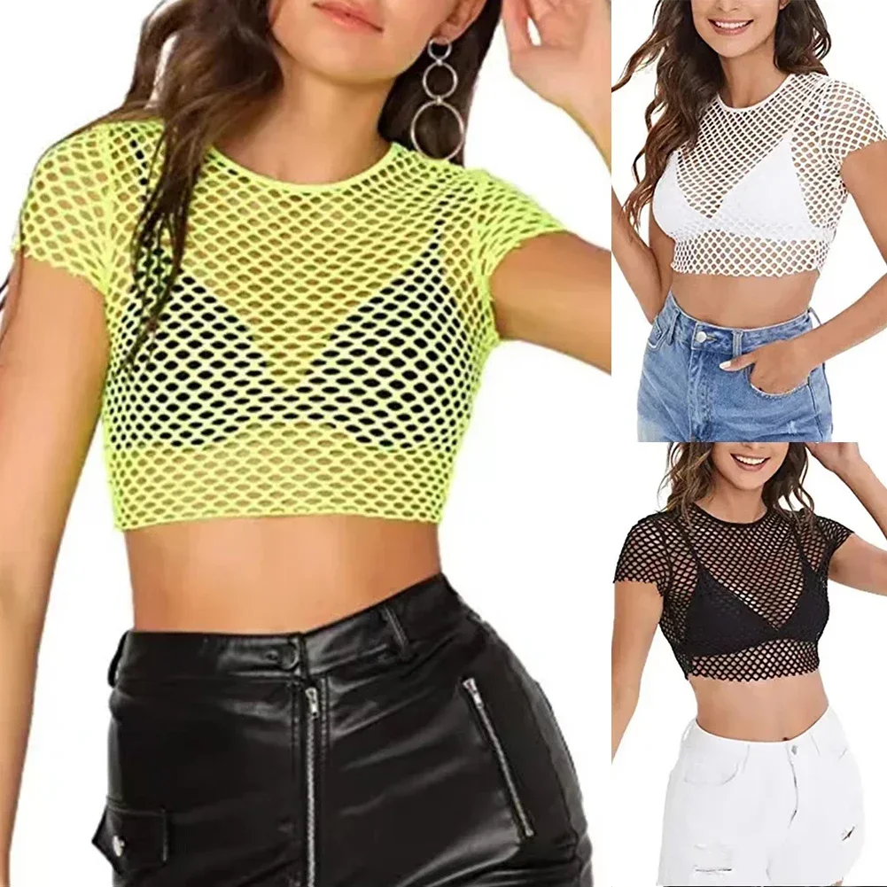 Fashionable Women\'s Sheer Mesh Fish Net Short Sleeve Crop Top T Shirt Blouse in White Black Fluorescent Yellow