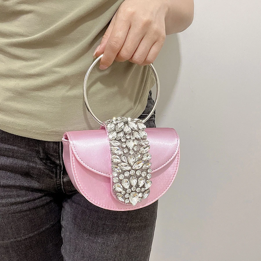 Luxury Crystal Satin Clutch Bags Women Party Evening Flap Handbags Bridal Wedding Rhinestone Ring Handle Half Moon Crossbody Bag