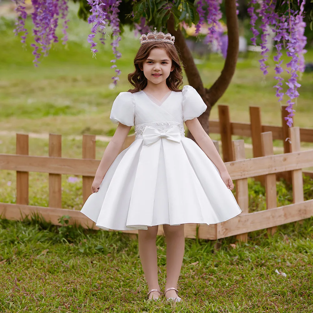 فستان أنيق للفتيات الأبيض الزفاف وصيفة الشرف فستان الأميرة عيد الميلاد حفلة مرحلة الأداء فستان عيد ميلاد مسابقة ثوب