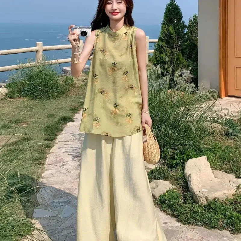 

Women's Chinese Style Two Piece Set Sleeveless Printed Top Wide Leg Pants Casual Outfit