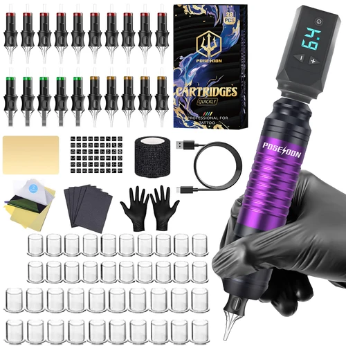 Imagen 2 del producto Kit de tatuaje POSEIDON V5, Kit de pluma de tatuaje caliente para maquillaje permanente, Kit de máquina de tatuaje, fuente de alimentación inalámbrica para tatuaje, Kit de pistola de tatuaje