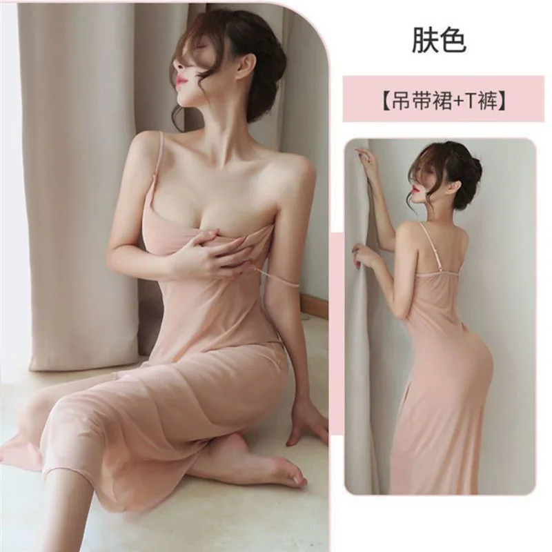 new Women\'s Sleep women Sleepshirts Fun Lingerie Sexy Strap Long Dress Transparent Pajamas Nightwear Mesh Dress Split Nightgowns