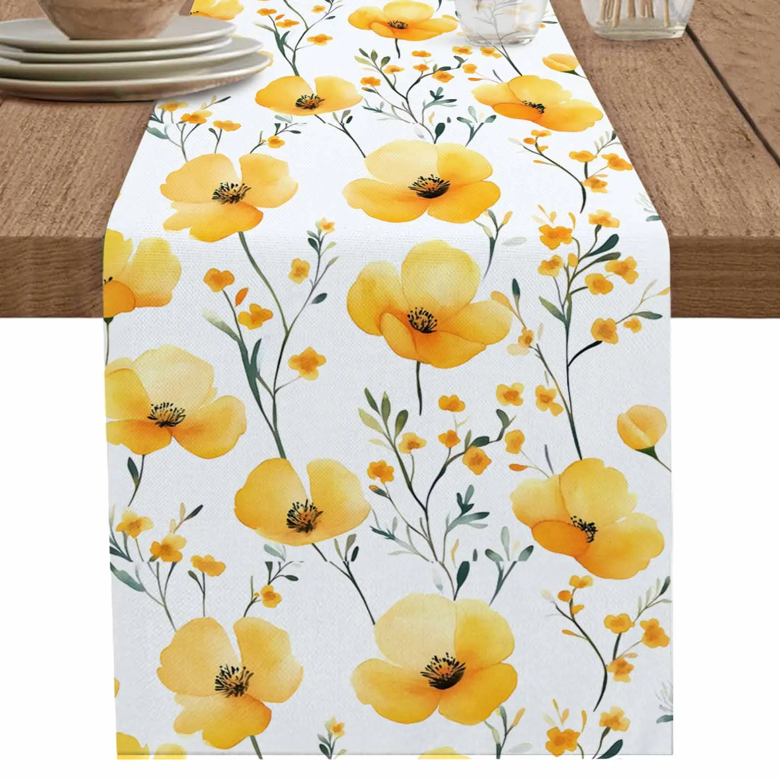 

Yellow Flower Herb Leaves Plant Linen Cotton Table Cloth Decoration For Home Wedding Christmas Party