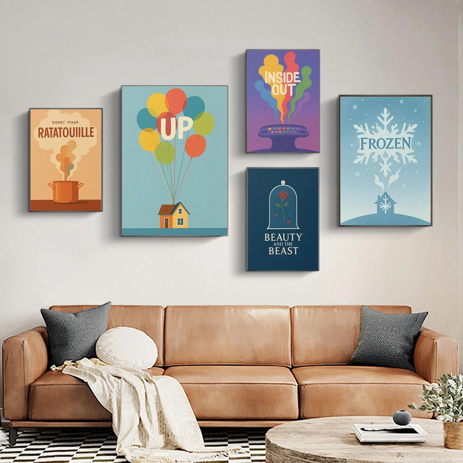 

Minimalist Disney Movie Poster Set: Retro Abstract Wall Art, Up, Frozen, Zootopia, Ratatouille, Beauty and the Beast, Home Decor