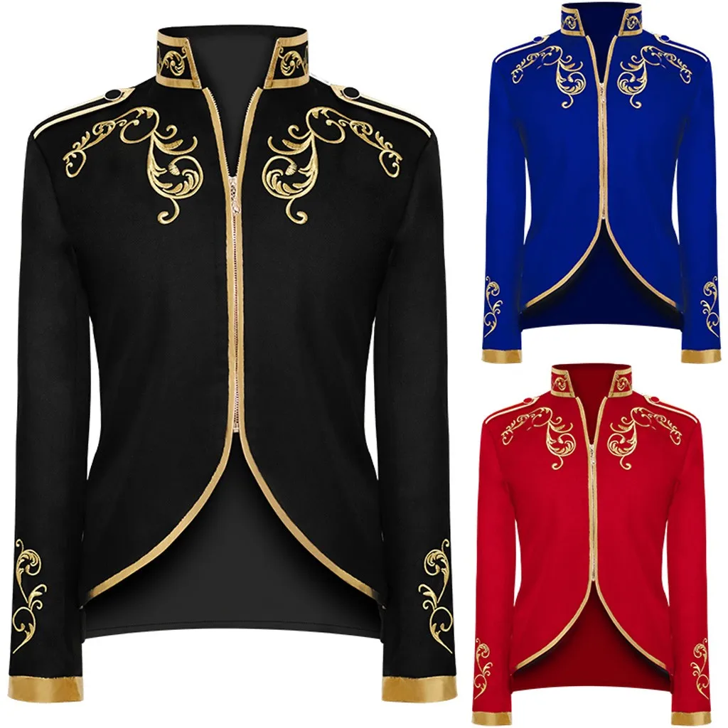 Medieval Cosplay Golden Embroidery King Prince Renaissance Halloween Costumes Jacket Outwear Top Suit Black Blue Men Blazer