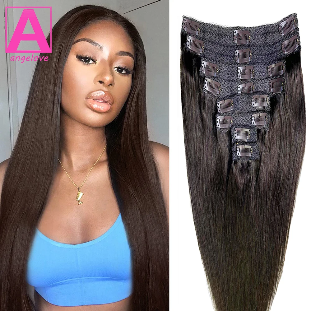 Clip In Hair Extensions Double Weft 120g 8pcs Thick Straight Real Human Hair 24 26inch #2 clip ins Hair Extensions for Woman