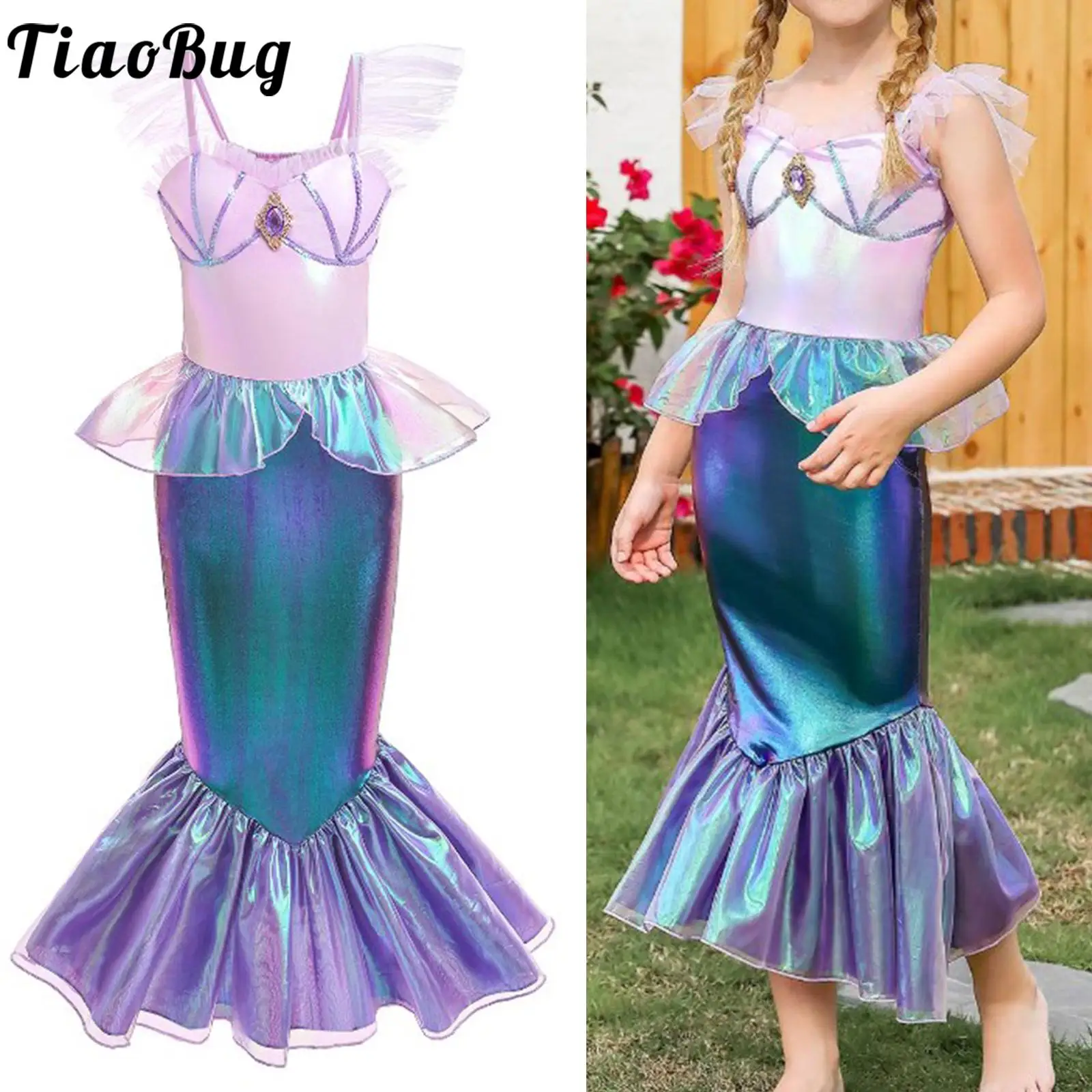 

Kids Girls Mermaid Costume Halloween Cosplay Sleeveless Shiny Metallic Flounce Peplum Fishtail Skirt Cosplay Performance Dress