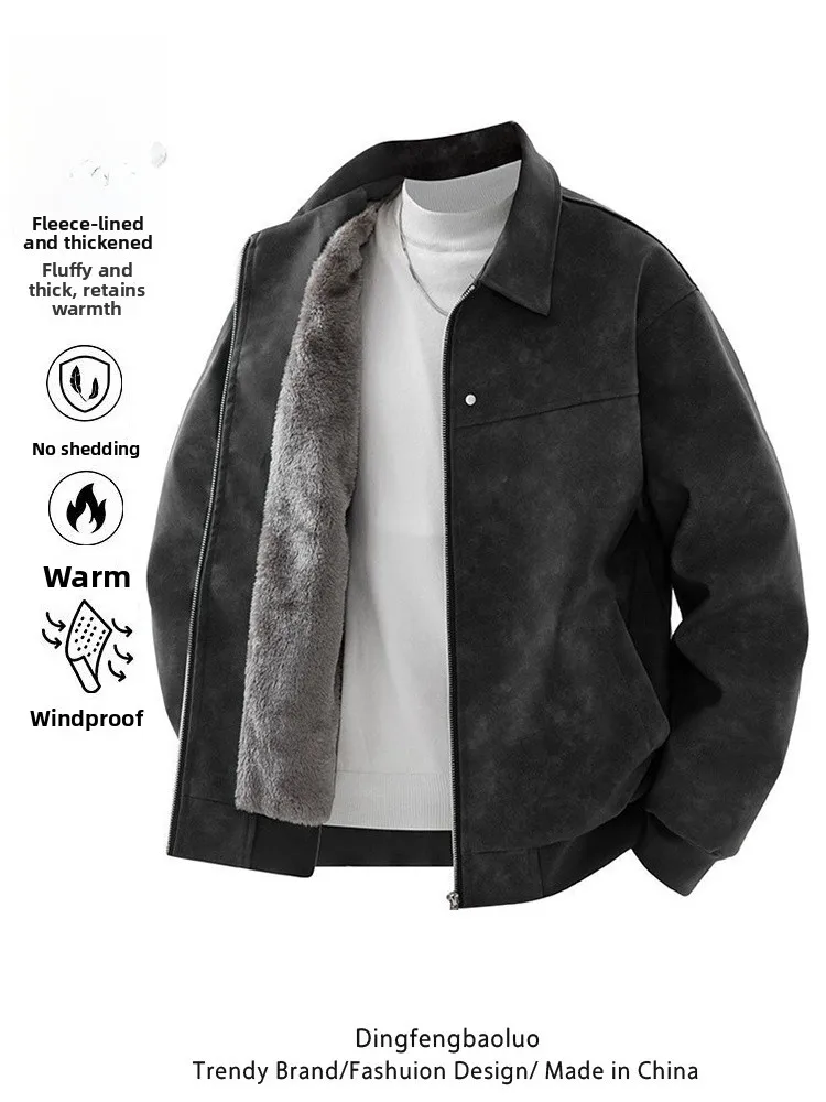 

Retro American PU Leather Jaet Men's Autumn Winter Windproof Fce Lined Loose Lapel Motorcycle Sle ort Coat