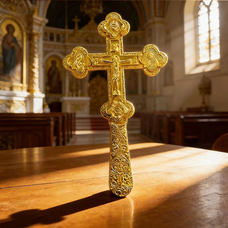 HTISOK Neues Elegantes Goldfarbenes Orthodoxes Handkreuz mit Blumengravuren für Gottesdienste und Persönlichen Spirituellen Schutz – Detail 9