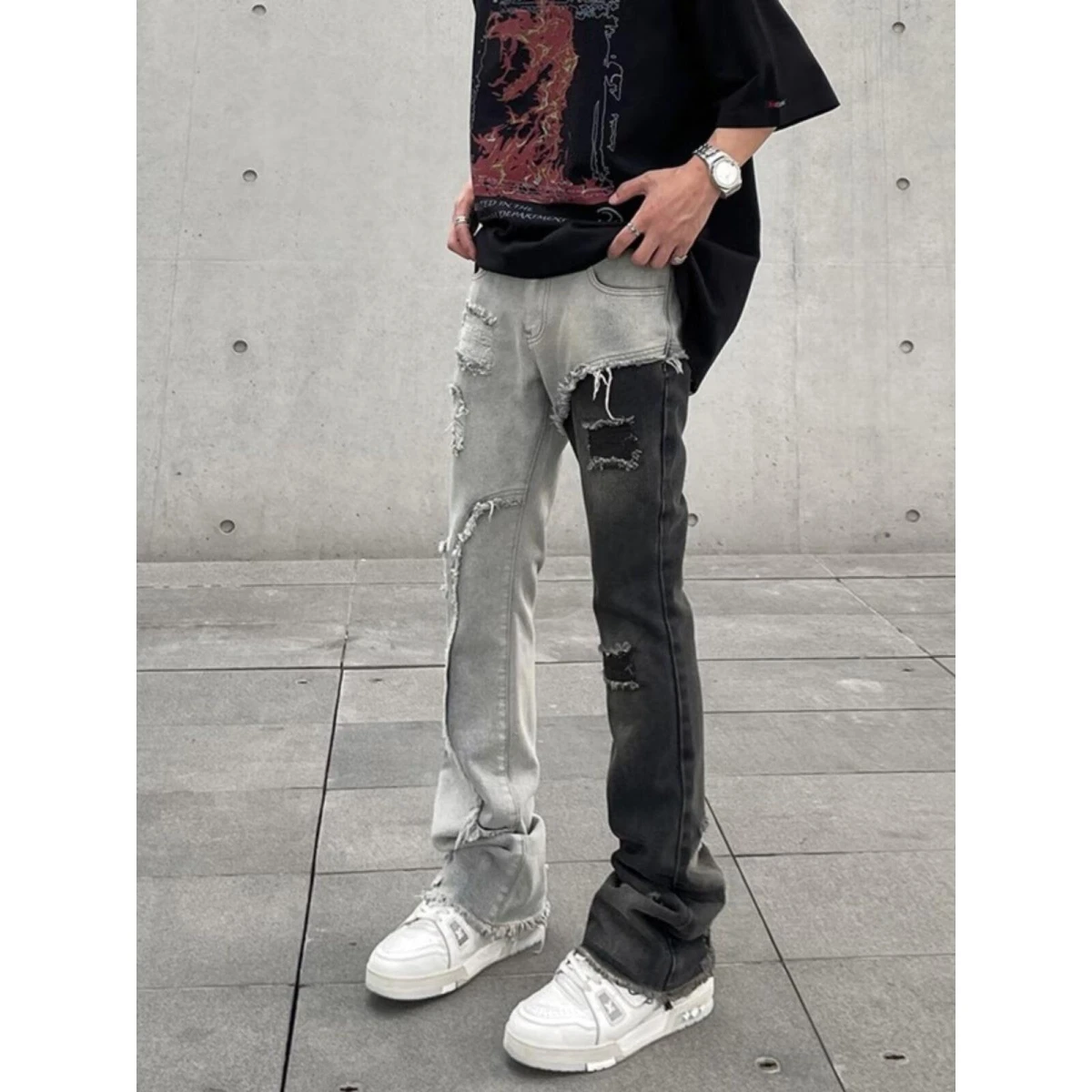 

Мужские джинсы в стиле ретро с цветными вставками, узкие прямые брюки из денима для подростков, повседневные, в стиле High Street