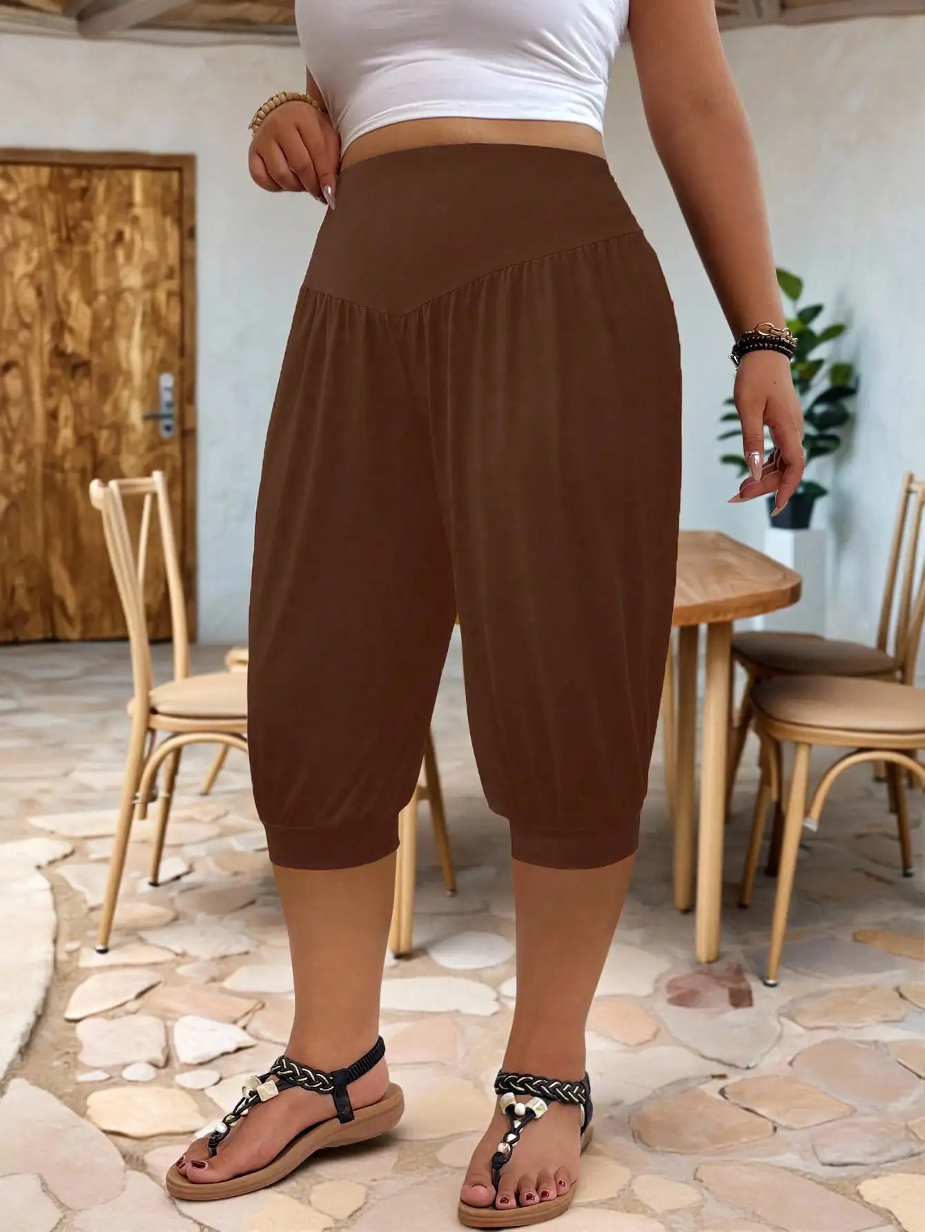 Women's Plus Size Cross High Waist Capri Harem Pants, Loose Elastic Cuff Casual Curvy Lounge Cropped Trousers