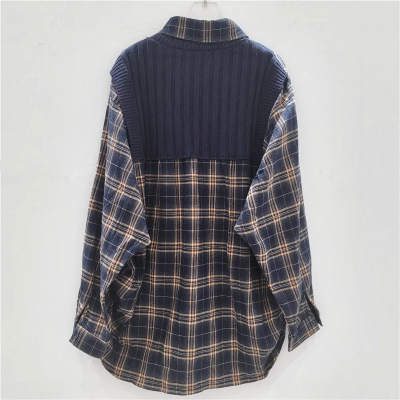 HKSH Autumn Winter New Women Shirt Fake Two-Piece Turn-Down Collar Long Sleeve Plaid Spliced Contrast Color Stylish Tops HK10042