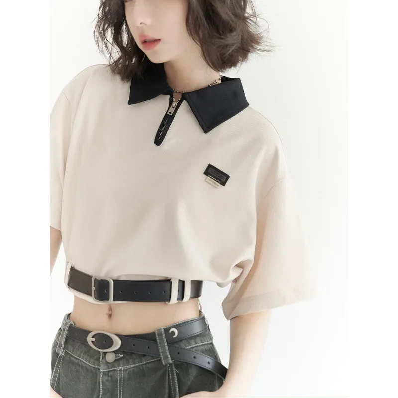 Belt cinched waist collar short T-shirt for female students, summer personalized loose design, zipper semi open collar top