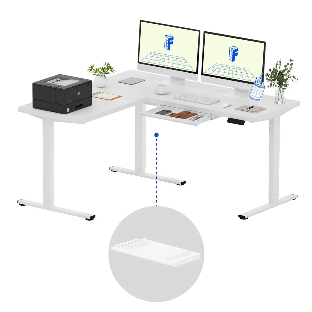 

L Shaped Standing Desk with Drawer, 63 x 55 Inch Electric Height Adjustable Corner Desk, Sit Stand Computer Workstation, Preset