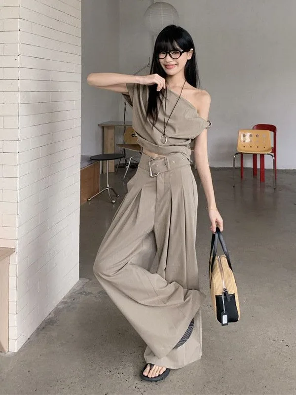 

Fashionable Asymmetrical Shoulder Short Sleeve Women's Set Summer Casual Wide Leg Pants Two-Piece Suit Elegant Classy Trendy