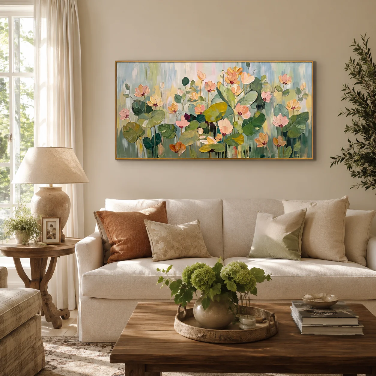 Endless Bloom – Modern Hand-Painted Horizontal Floral Oil Painting | Minimalist Living Room Wall Decor