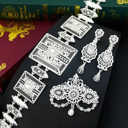 Sunspicems Silver Color Morocco Bride Jewelry Sets Caftan Belt Flower Crystal Brooch Long Drop Earring Moroccan Waist Chain Belt