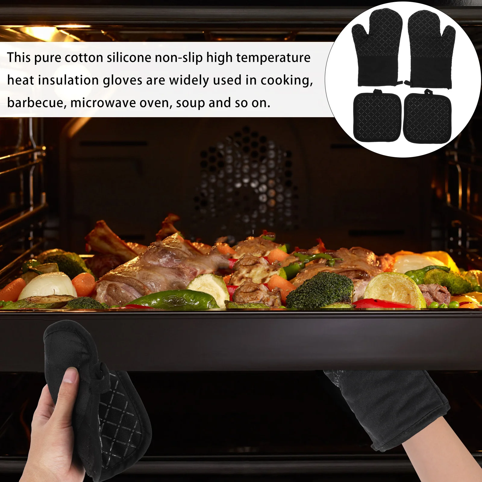 

1 set 1 Set Anti-Slip Heat Resistant Kitchen Oven Gloves With Hanging Loop For Baking Cooking Grilling Microwave Use