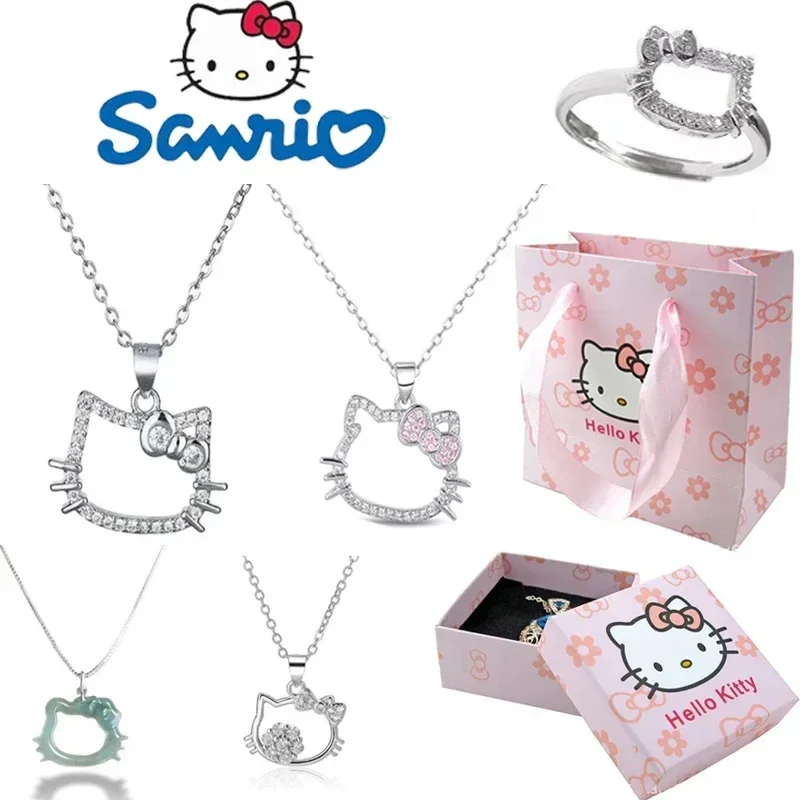 

Kawaii Sanrio Hello Kitty Sparkling Diamond Setting Necklace Girl Cartoon Cute Sexy Clavicle Chain Ring Women Charm Jewelry Gift