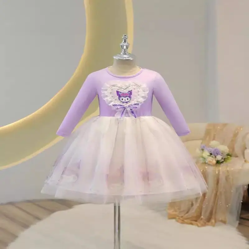 فستان بناتي لربيع وخريف 2024 فستان كورومي بونغسا الجديد تنورة شبكية غربية للأطفال بأكمام طويلة سانريو هالو كيتي للفتيات