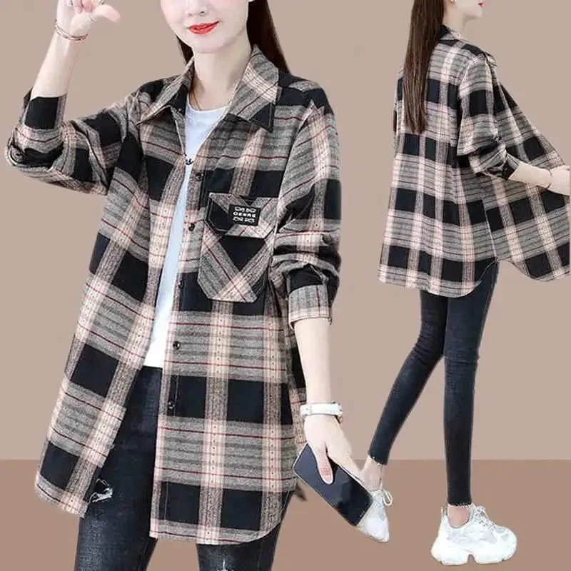 Spring Autumn New Loose Slimming Mid Length Checkered Shirt for Women\'s Western Style Age Reducing Coat Commuting Versatile Top