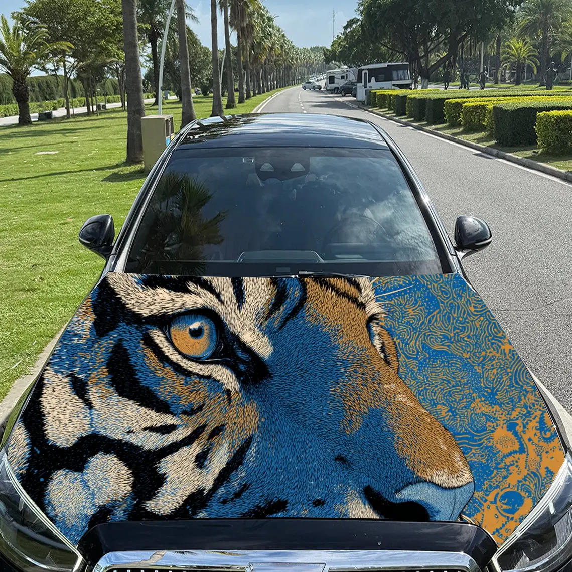 Car Decals A Tiger Design in a Dynamic, Color-Blocked Textured Background with Artistic, Energetic Visual Details Car Hood Stick