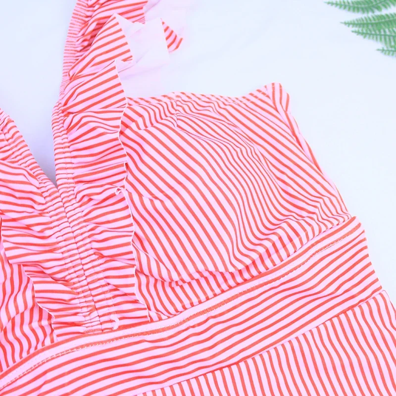 레드 러플 원피스 수영복 딥 브이넥 수영복 여성 수영복 비치웨어 모노키니 스트라이프 여성 수영복