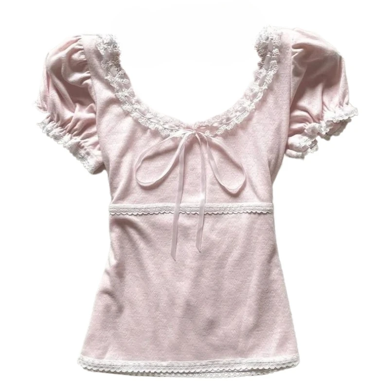 Deeptown Coquette Sweet T-shirts Women Pink Kawaii Bow Elegant Short Sleeve Tees Korean Fashion Lace Patchwork Slim T-Shirts image 6