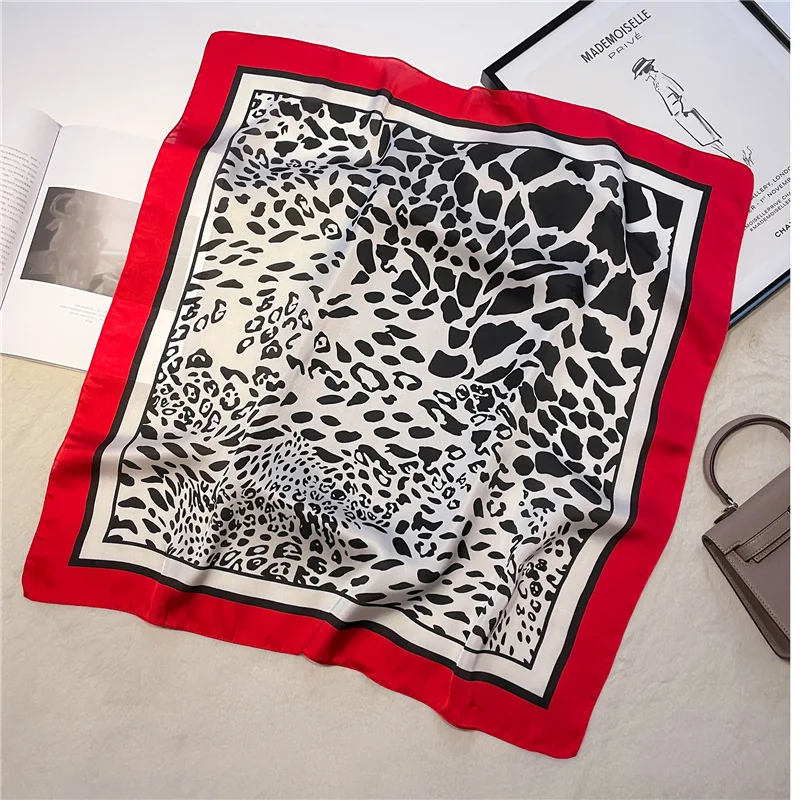 Modischer 70 * 70 cm Schal mit Leopardenmuster für Damen, Frühling/Sommer, weiche Satinränder, quadratisches Bandana, Sonnenschutzschals – Detail 14
