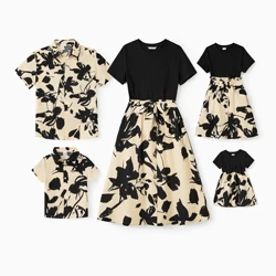 PatPat Family Matching Outfits Allover Floral Shirt Black Tee Plus Elastic Waist Floral Skirt