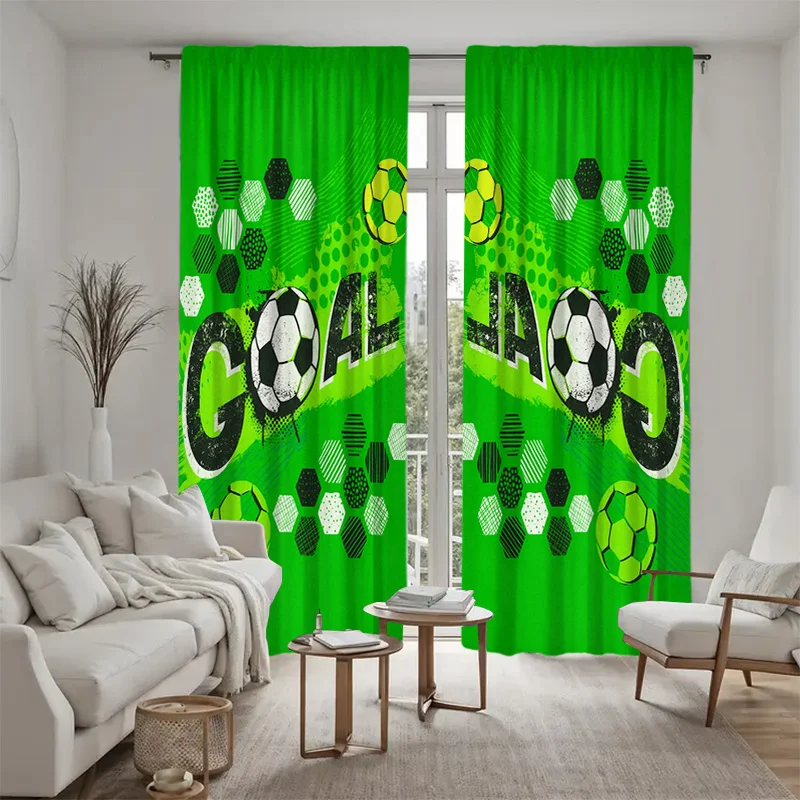 Football Curtain, Goal Sport Theme Blackout Curtains, Soccer Ball Print Kids Drapes, Boys Room Active Decor, 2 Panels
