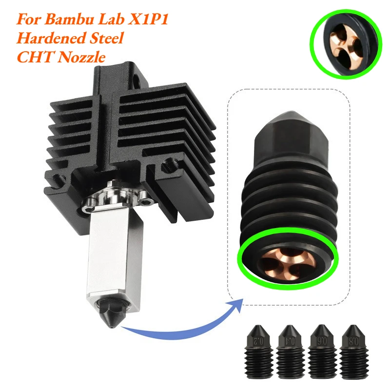 

For Bambu Lab X1P1 hardened steel CHT Nozzle 0.2/0.4/0.6/0.8MM Three-hole high-flow wear-resistant nozzle 3D printer accessories